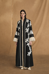 V Neck Abaya - White Sequin Bead Flower Patch on Front