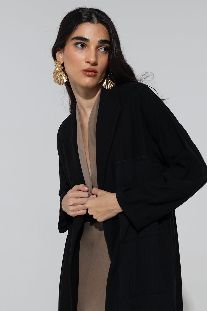 Black Peak Lapel Abaya with Anchor thread details