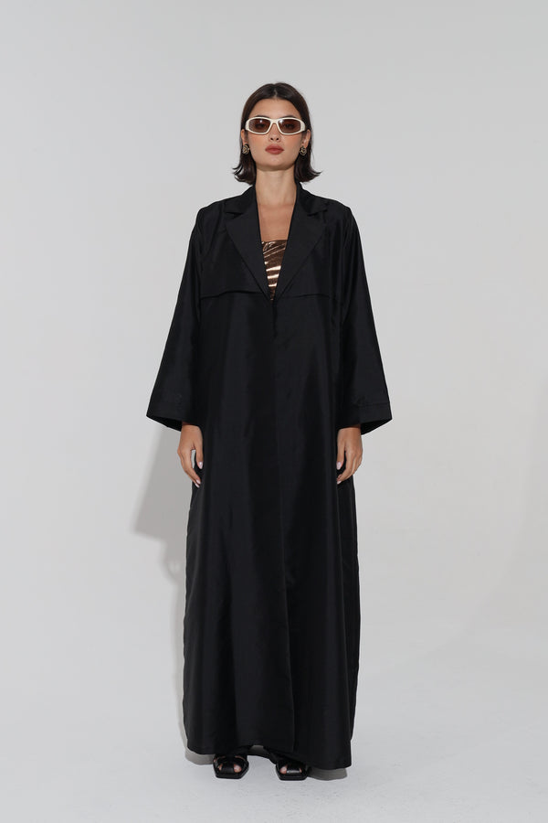 Notched Collar Abaya in black silk