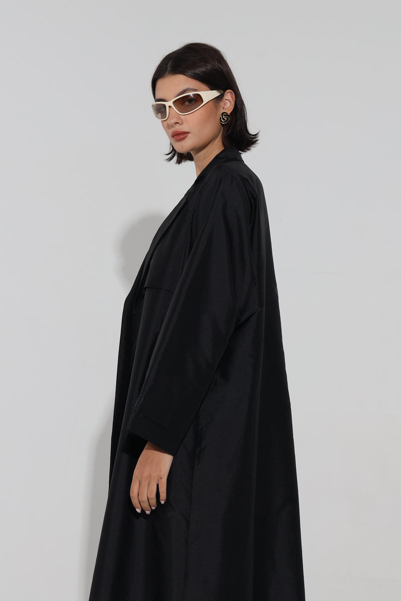 Notched Collar Abaya in black silk