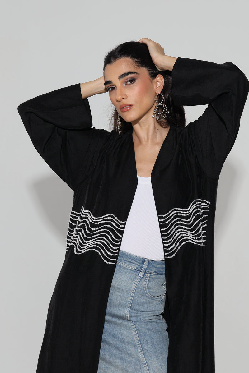 Zainah Cut Abaya With  Wave Pearl on Front