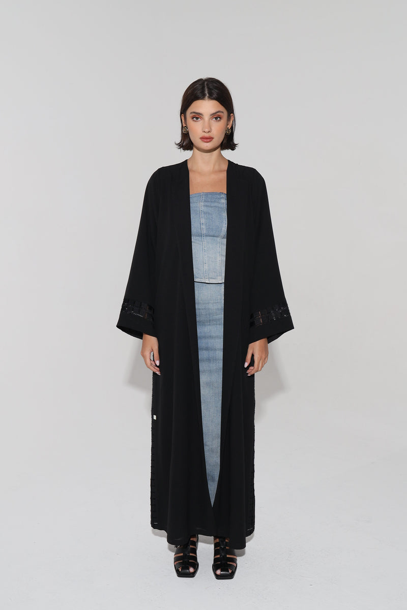 Black Round Neck Abaya With Square Thread Lace