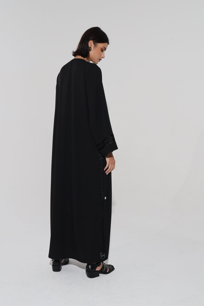 Black Round Neck Abaya With Square Thread Lace