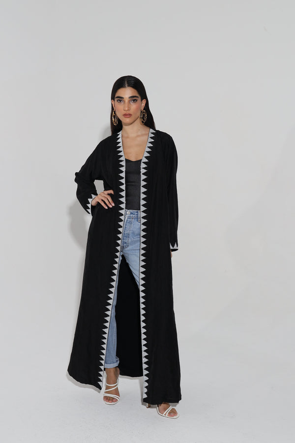 Black V-Neck Abaya With Triangle beads