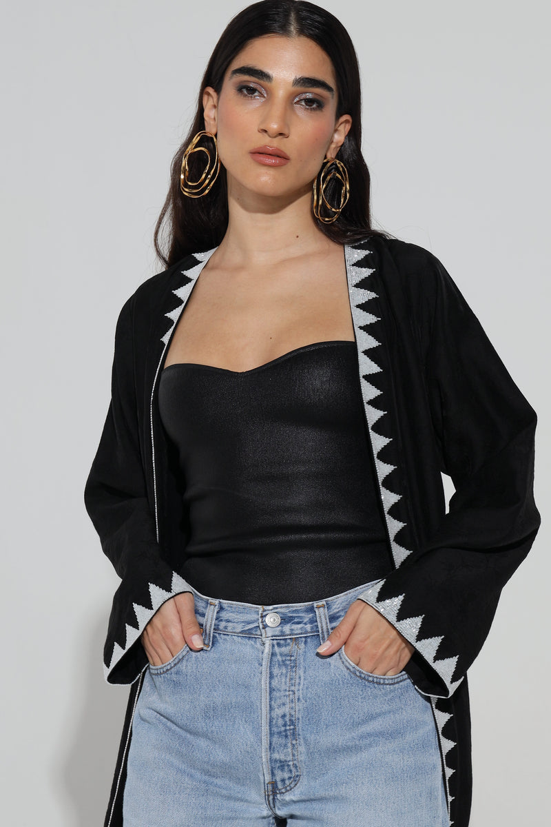 Black V-Neck Abaya With Triangle beads
