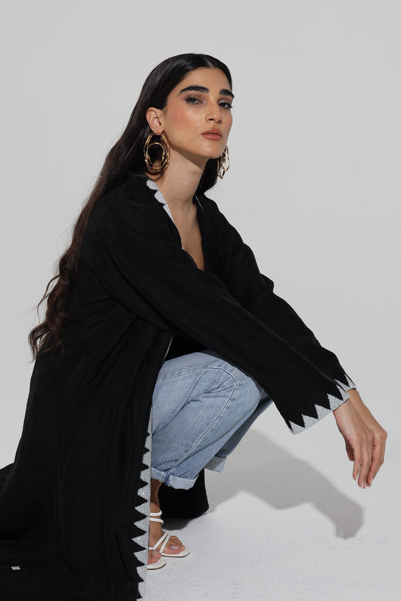 Black V-Neck Abaya With Triangle beads