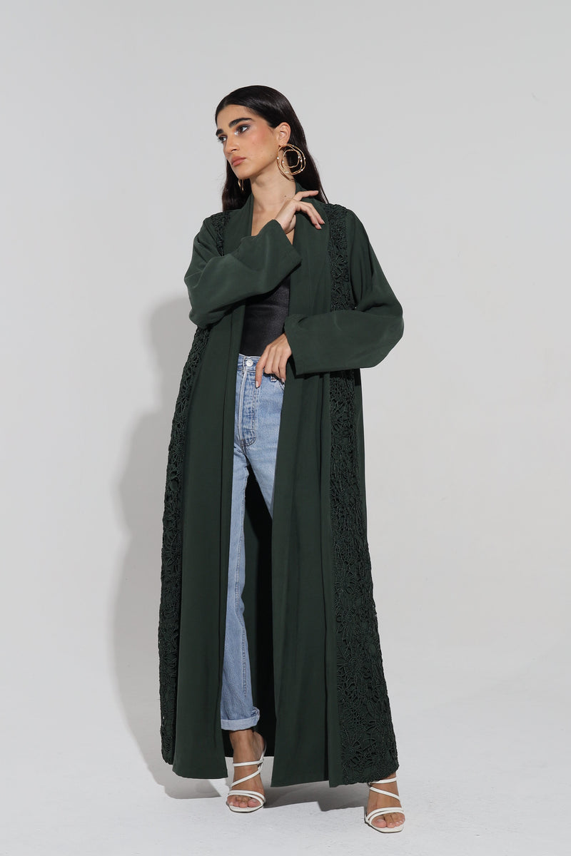 Green Zainah Cut Abaya With Flap Lace