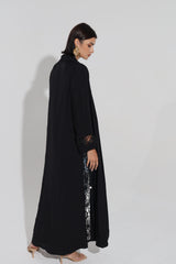 Black Shawl Collar Abaya With Scalloped Lace