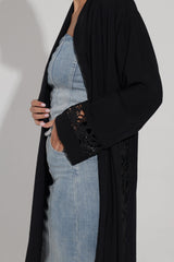 Black V-Neck Abaya With Scalloped Lace