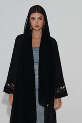 Black Shawl Collar Abaya With Scalloped Lace