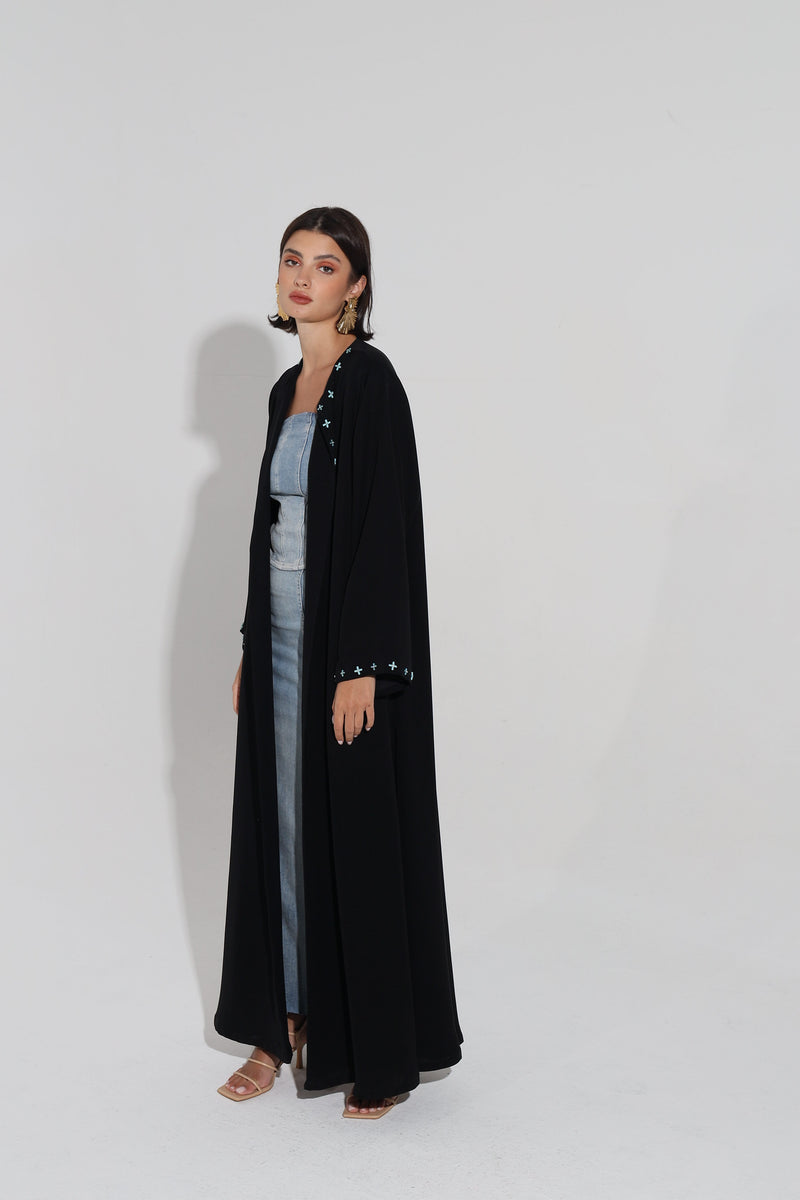 Round Neck Abaya With Cross Beads