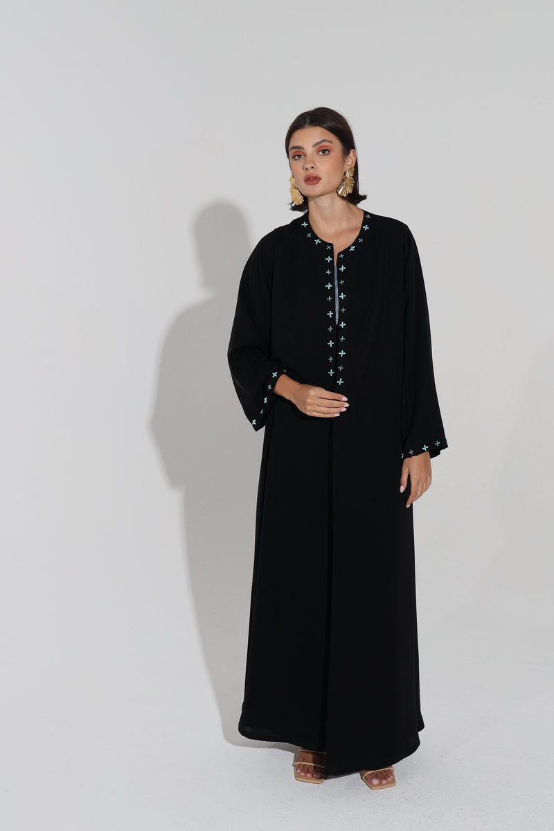 Round Neck Abaya With Cross Beads