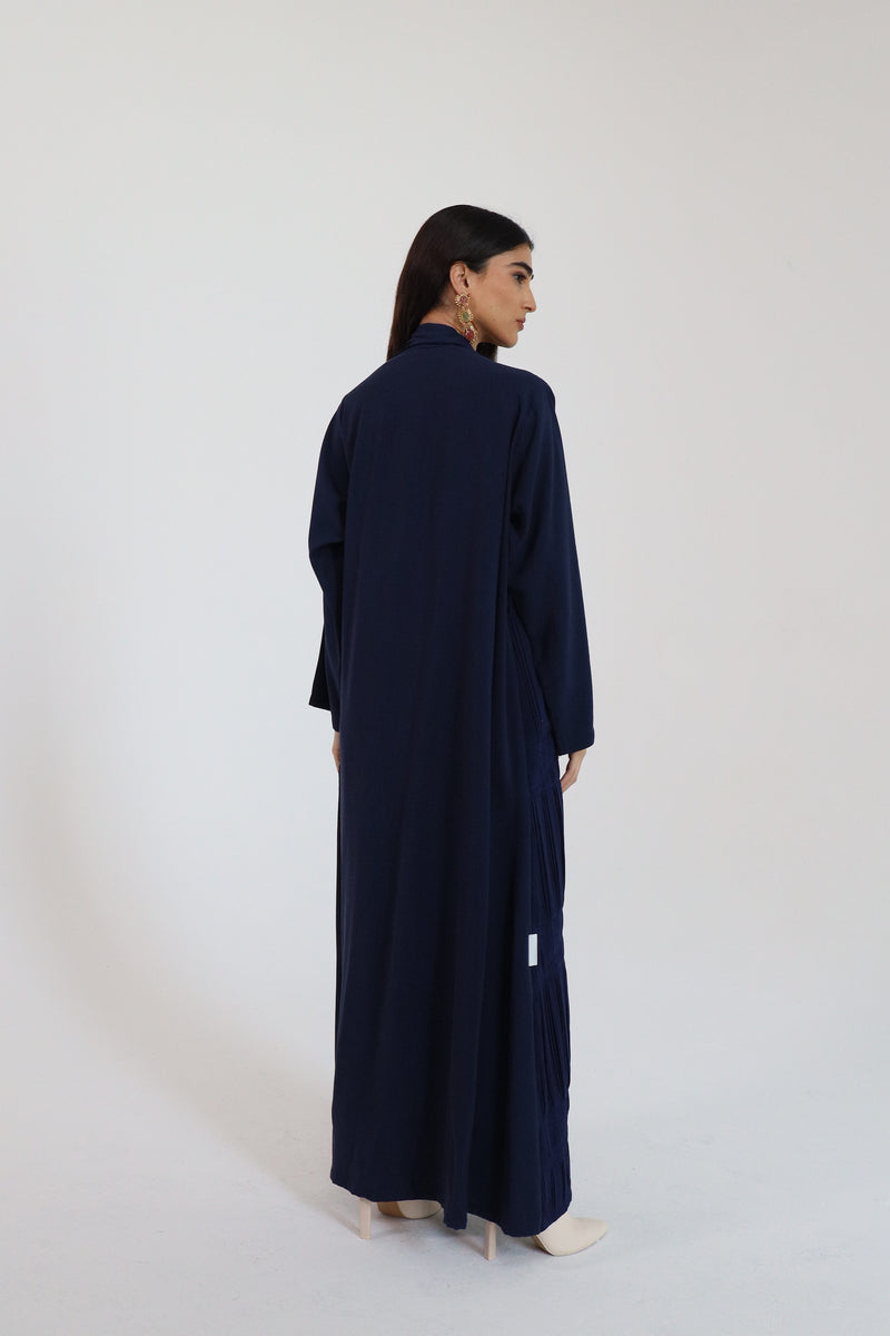 Navy blue shawl collar Abaya with pleat details