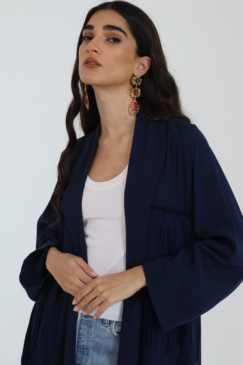 Navy blue shawl collar Abaya with pleat details
