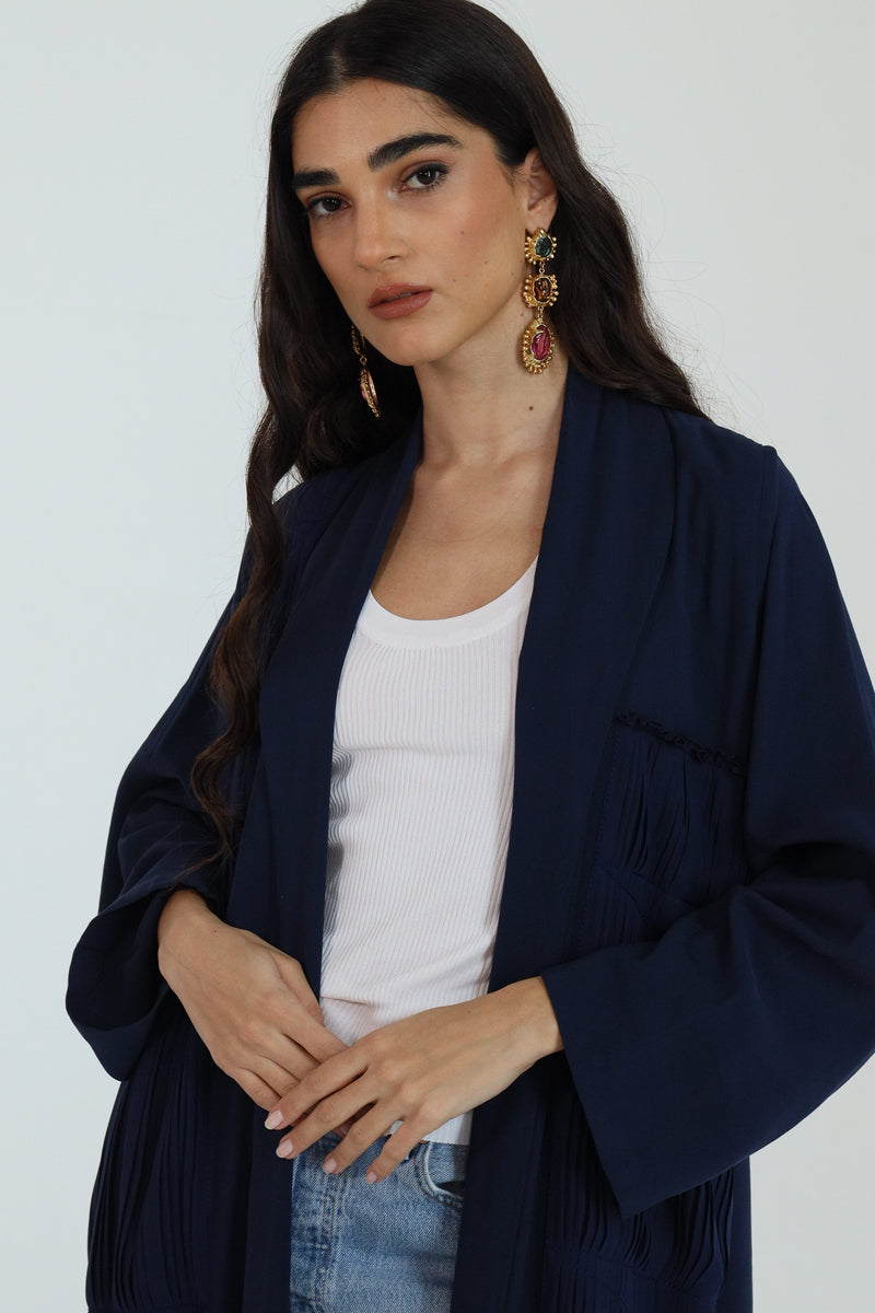 Navy blue shawl collar Abaya with pleat details