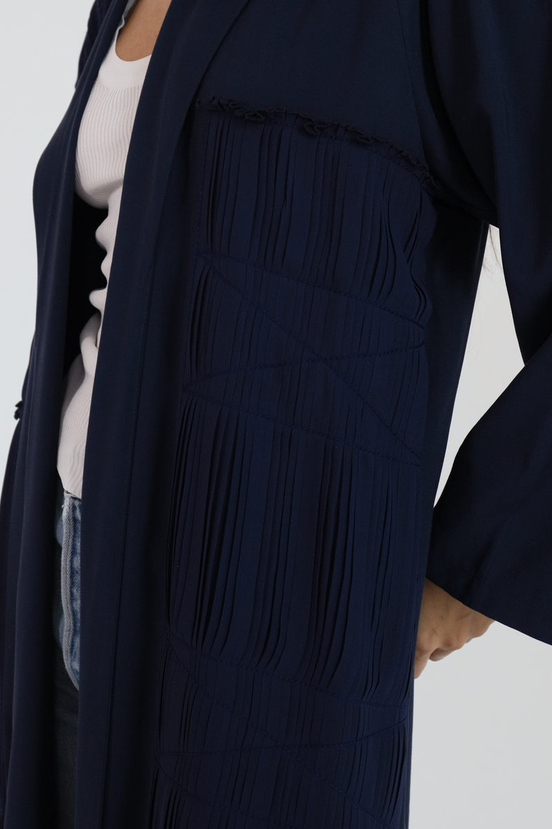 Navy blue shawl collar Abaya with pleat details