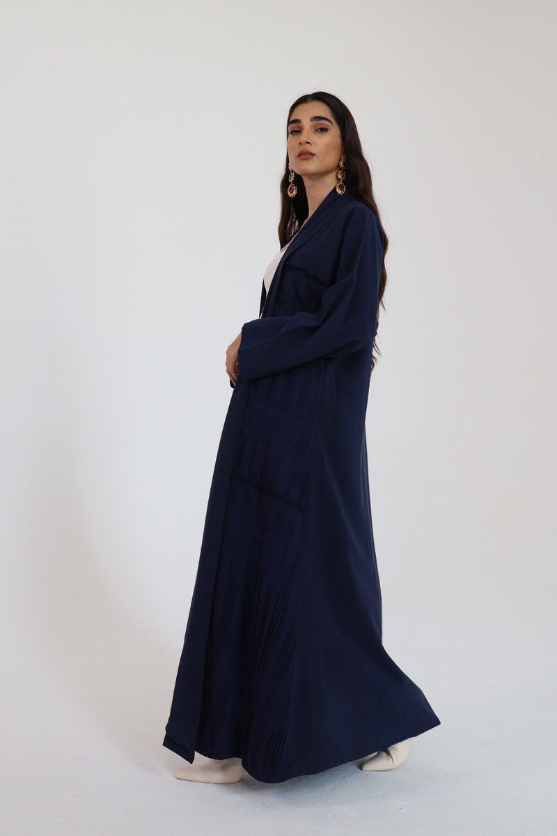 Navy blue shawl collar Abaya with pleat details
