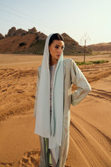 Zainah Cut Abaya With Mint green and olive mix Printed Pure Silk Fabric
