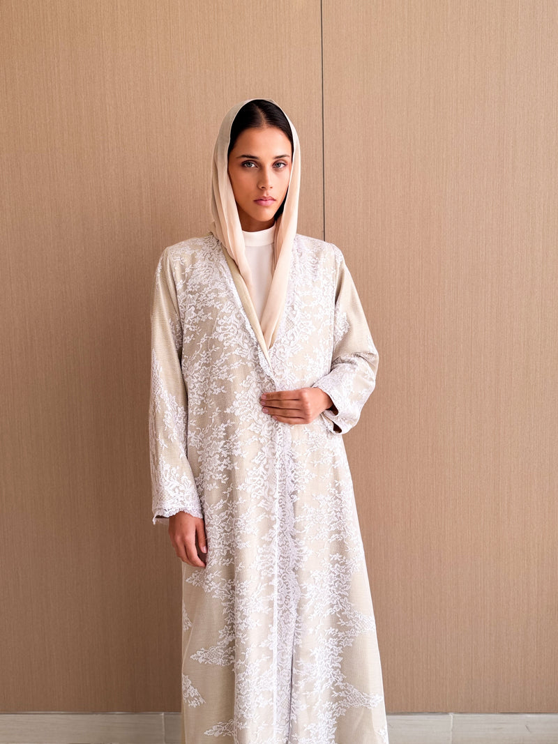 V Neck Straight Cut Abaya in Beige