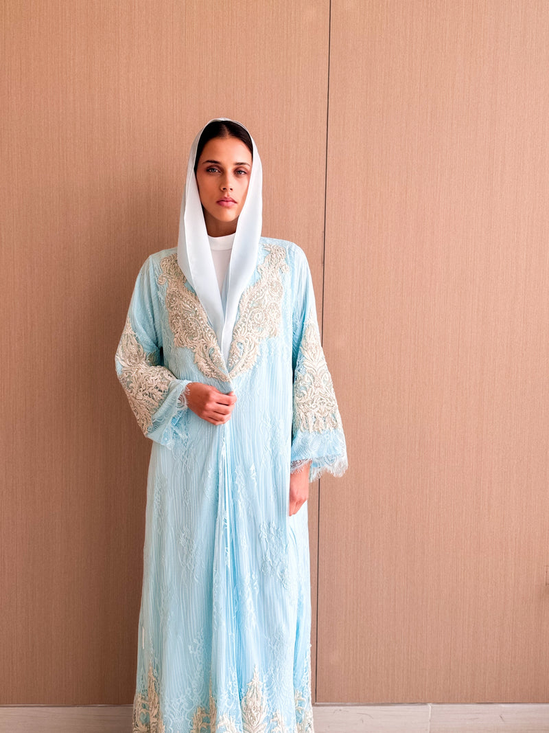 V-neck straight Cut abaya with cream bead lace