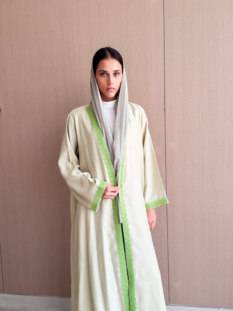 V Neck Straight Cut Abaya - Green Light Glitter Soft Cotton