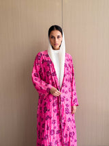 Zainah Cut Abaya Glitter Chiffon Floral Printed Magenta Pink