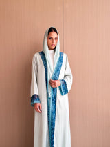 Straight Cut Baby blue Abaya in Silk With Blue Net Lace