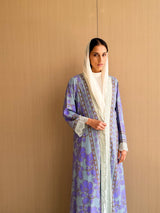 Straight Cut Abaya in Floral Digital Printed Lavender and Blue Mix