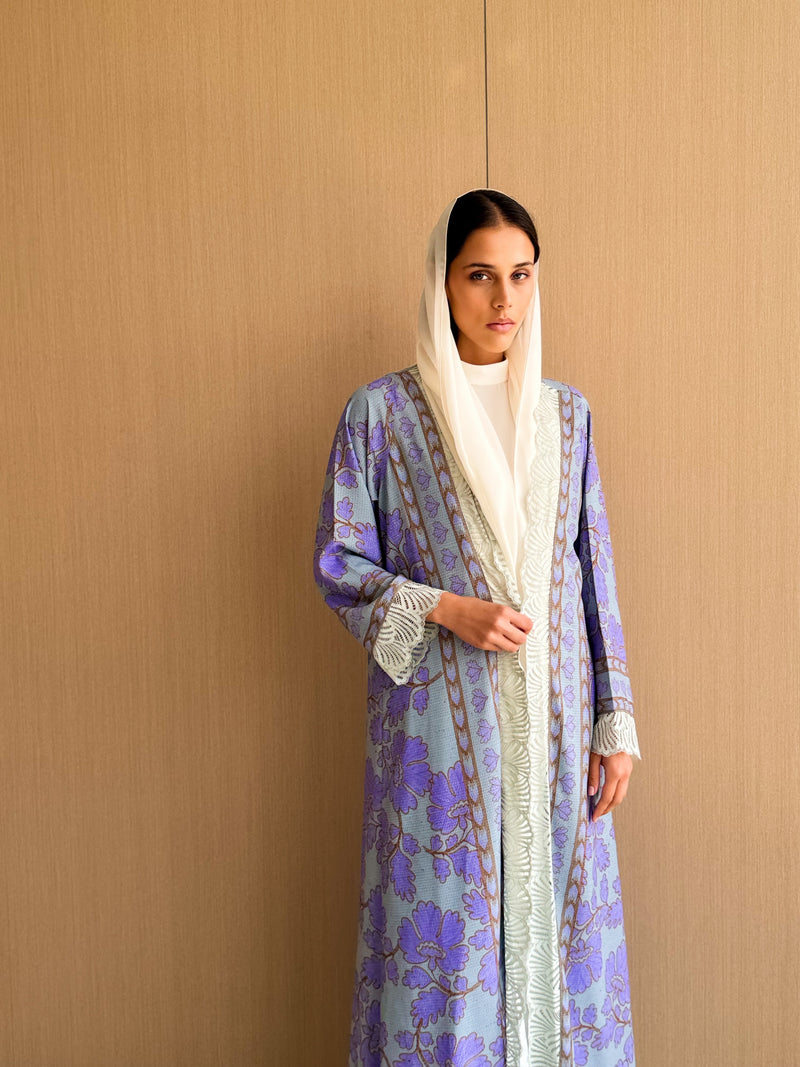 Straight Cut Abaya in Floral Digital Printed Lavender and Blue Mix