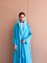 Zainah Cut Abaya - Light Blue With Green Leaves Pure Silk