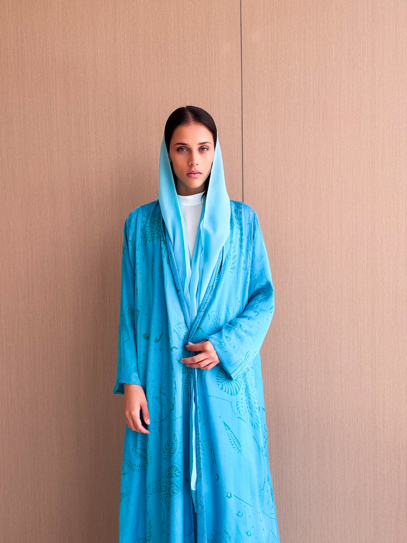 Zainah Cut Abaya - Light Blue With Green Leaves Pure Silk