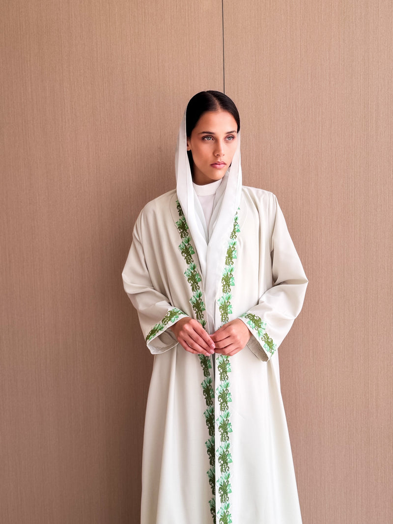 Zainah Cut Abaya - Green With White Lace on Front and Sleeves