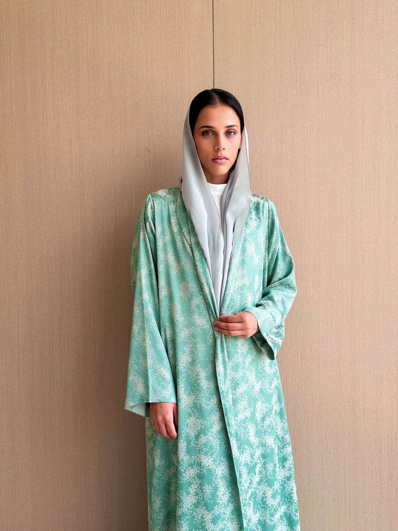 Zainah Cut Silk Prented Abaya in Creme Flowers on Sea Green