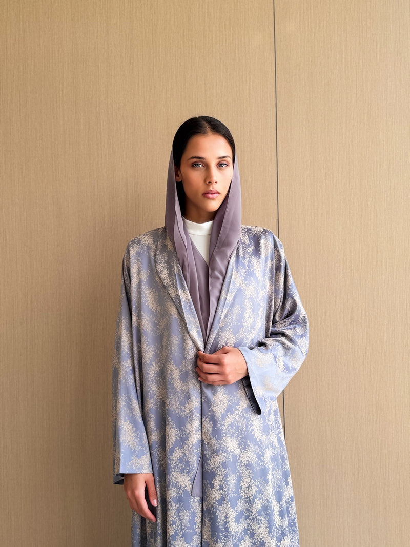 Zainah Cut Silk Printed Abaya in Creme Flowers on Gray