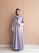 Zainah Cut Silk Printed Abaya in Creme Flowers on Gray