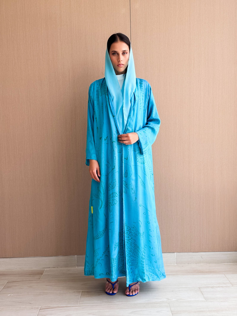 Zainah Cut Abaya - Light Blue With Green Leaves Pure Silk