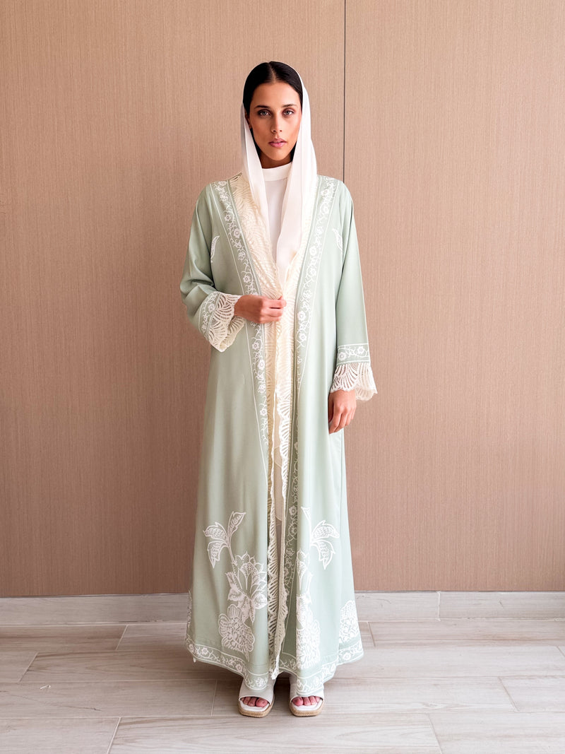 Straight Cut Abaya in Summer Green Digital Printed Floral