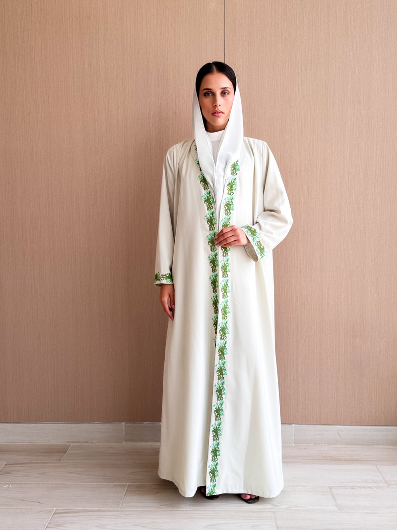 Zainah Cut Abaya - Green With White Lace on Front and Sleeves
