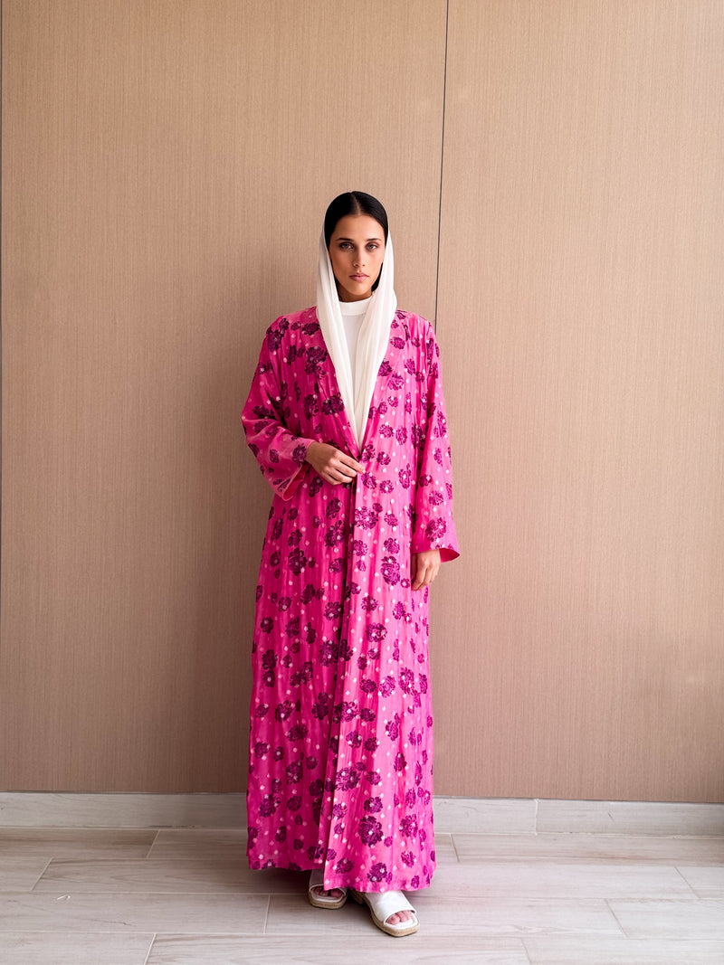Zainah Cut Abaya Glitter Chiffon Floral Printed Magenta Pink