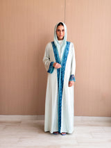 Straight Cut Baby blue Abaya in Silk With Blue Net Lace