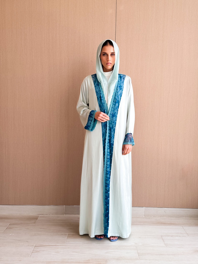 Straight Cut Baby blue Abaya in Silk With Blue Net Lace