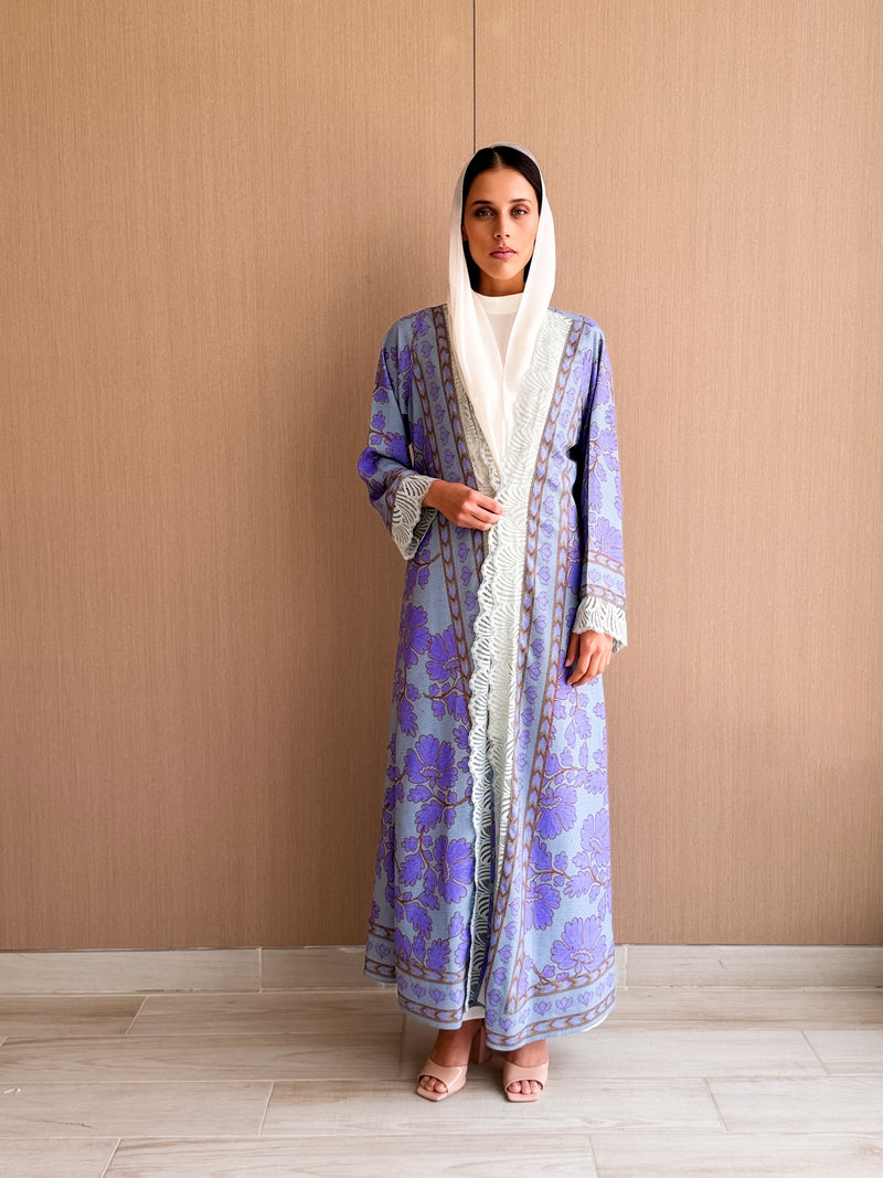 Straight Cut Abaya in Floral Digital Printed Lavender and Blue Mix
