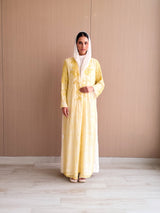 V Neck Abaya - Yellow Bead Work Lace
