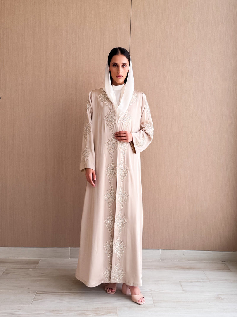 V Neck Abaya - Gold Bead Patch Flower Lace