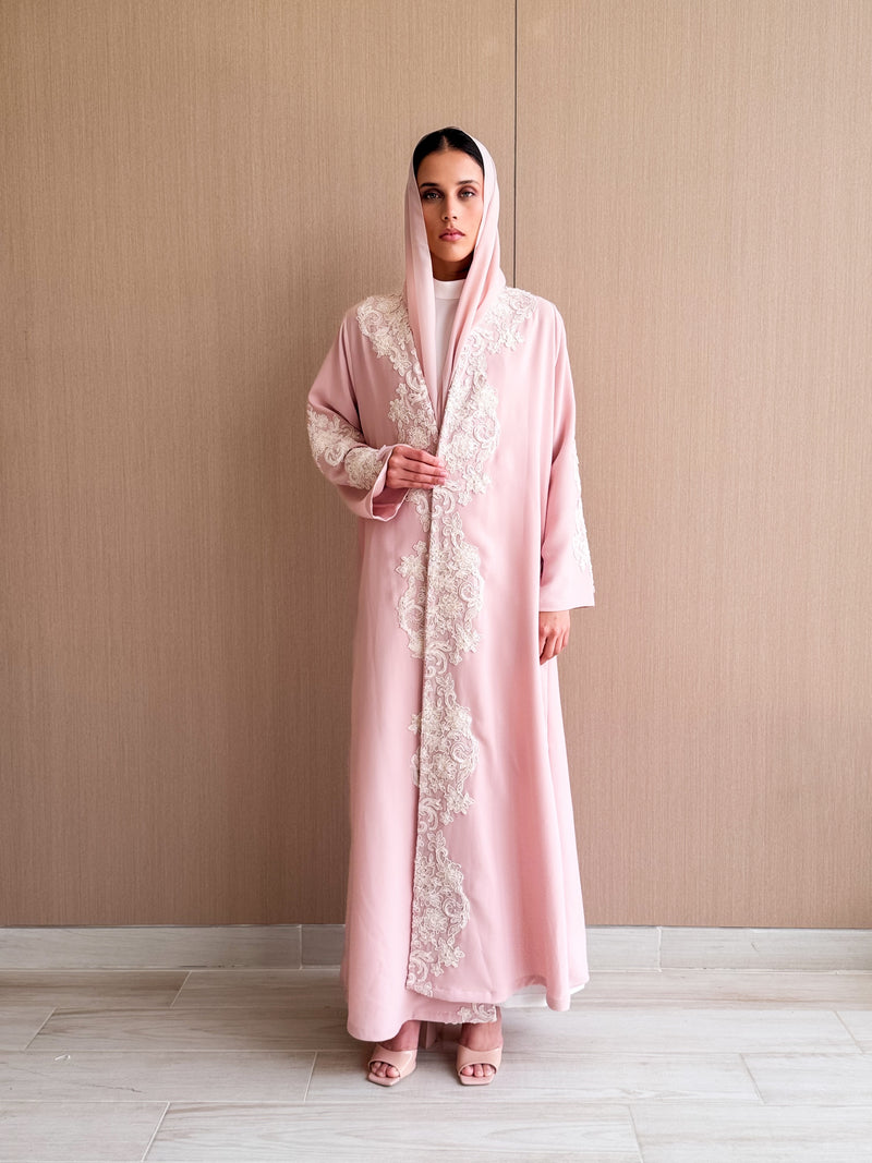 V Neck Straight Cut Abaya - Flower Patch Work Lace