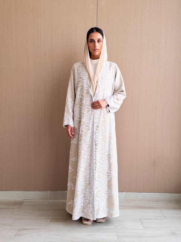V Neck Straight Cut Abaya in Beige