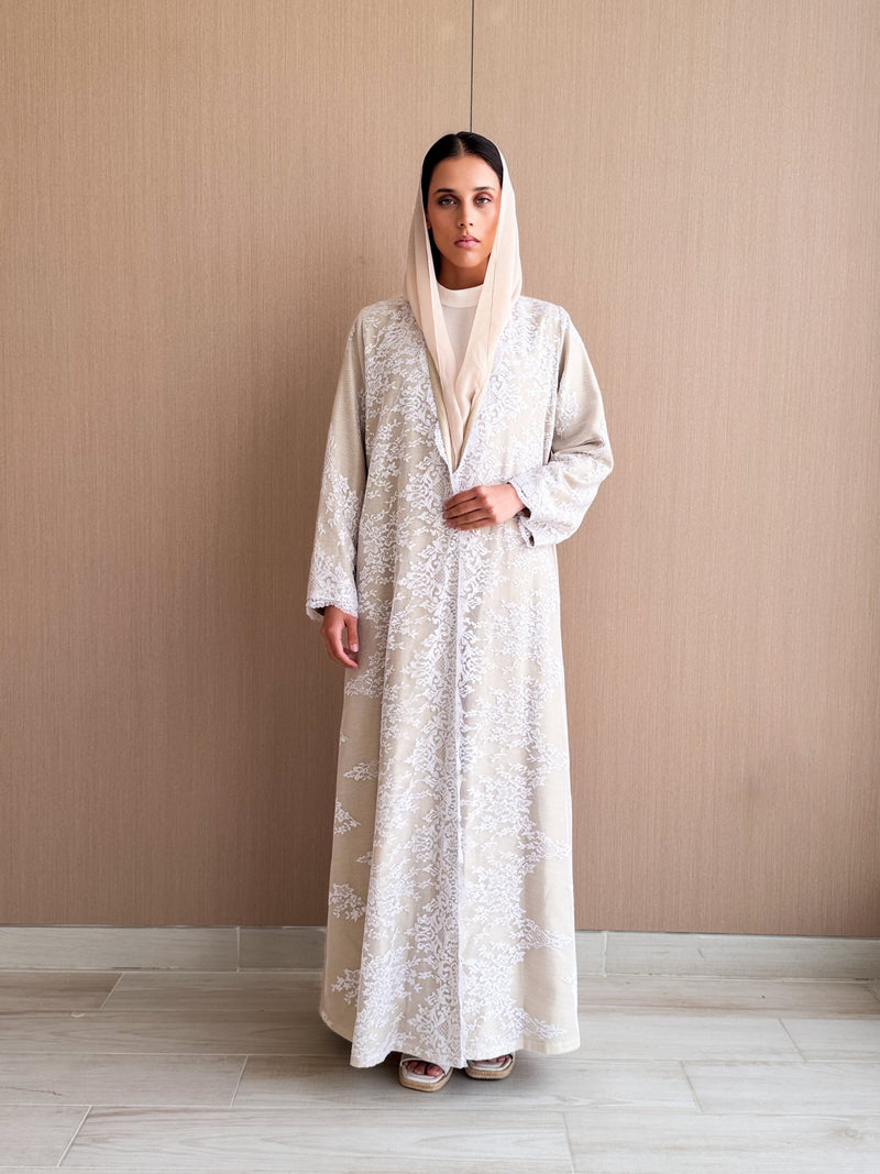 V Neck Straight Cut Abaya in Beige