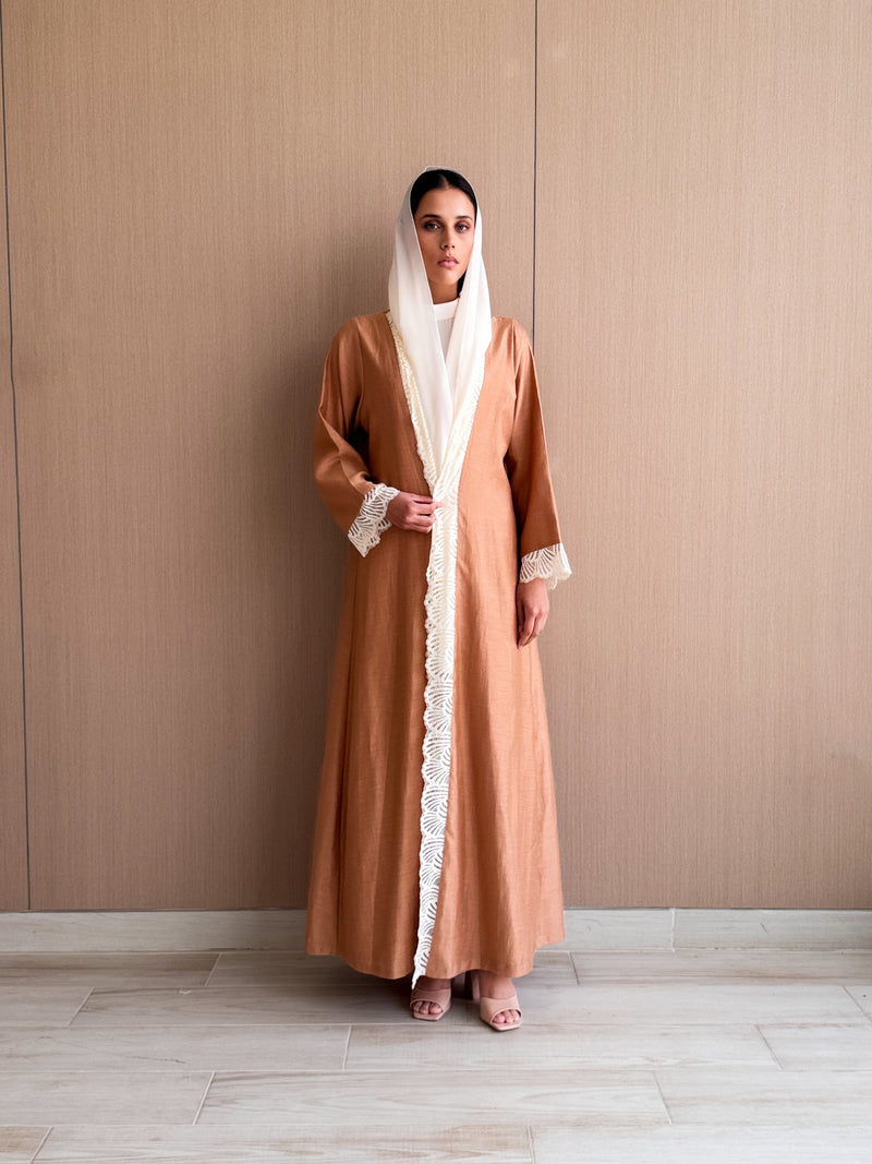 V Neck Straight Cut Abaya in Beige