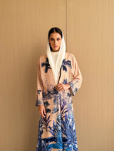 V Neck Straight Cut Abaya in Digital Palm Tree With Stripes