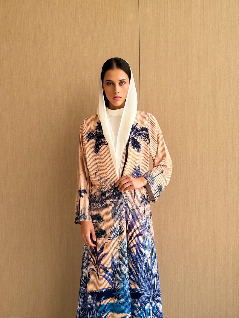 V Neck Straight Cut Abaya in Digital Palm Tree With Stripes